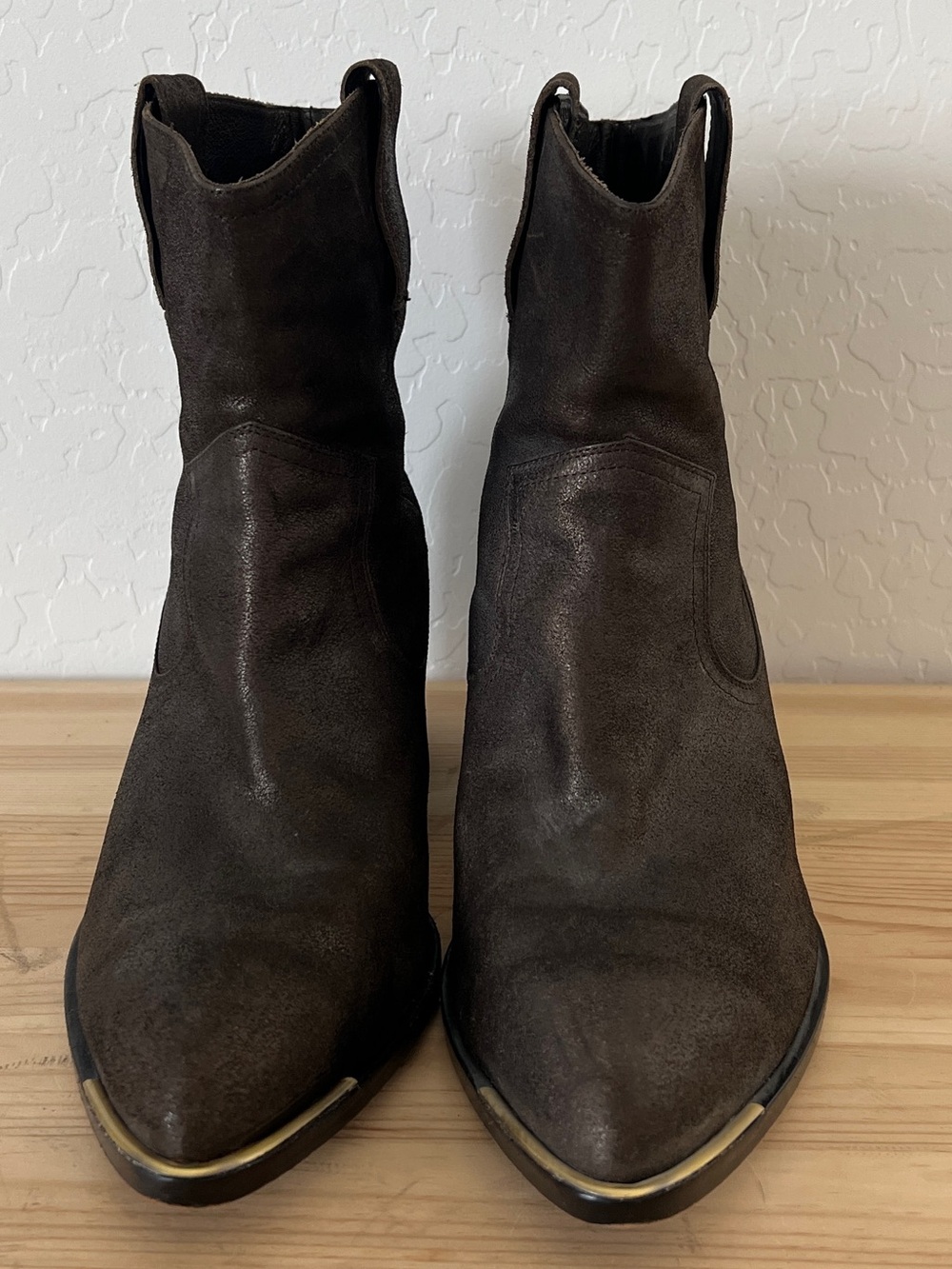 Rachel Zoe Dark Brown Suede Western Ankle Boots w/ Gold Accents
